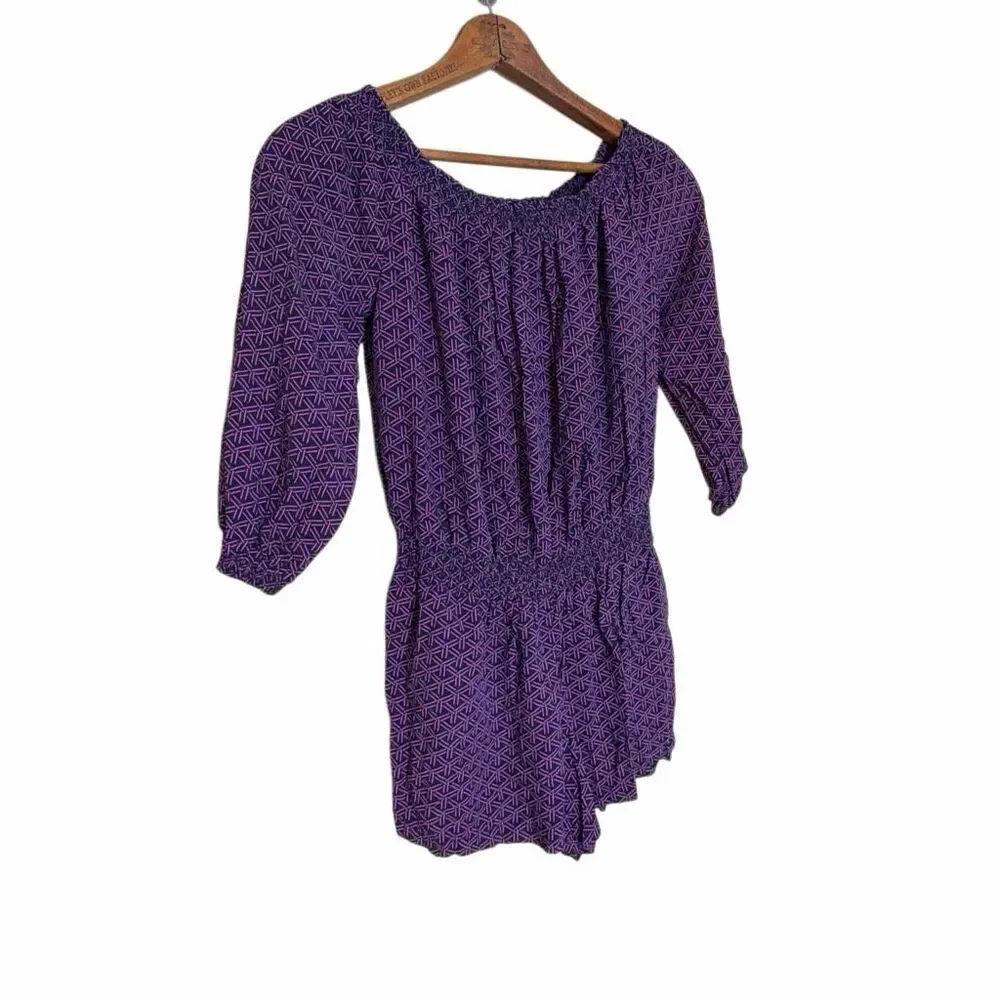 Banana Republic Geometric 3/4 Sleeve Off The Shoulder Short Romper Blue Pink XS - Picture 3 of 8